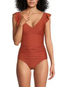 Saks OFF 5TH — DKNY Ruched Ruffle Trim Swimsuit