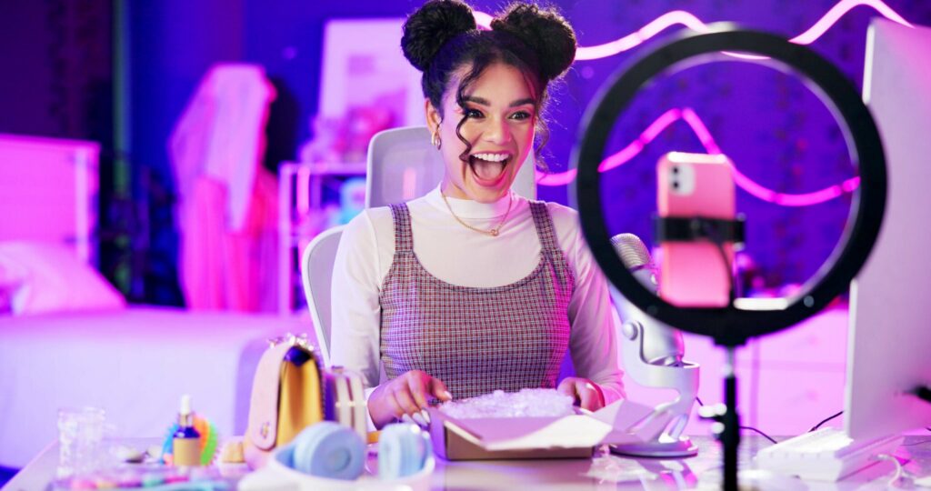 Happy influencer creates affiliate content