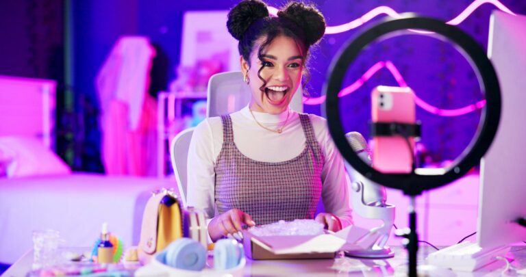 Happy influencer creates affiliate content